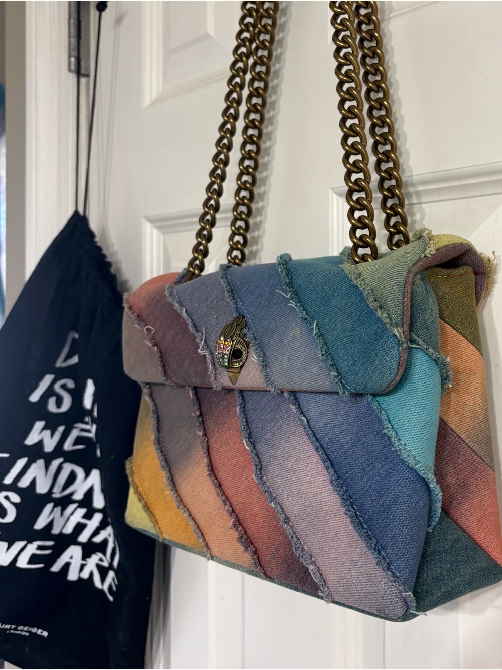 Kurt Geiger Multicolor Striped Denim Kensington Shoulder Bag  Includes dust bag.